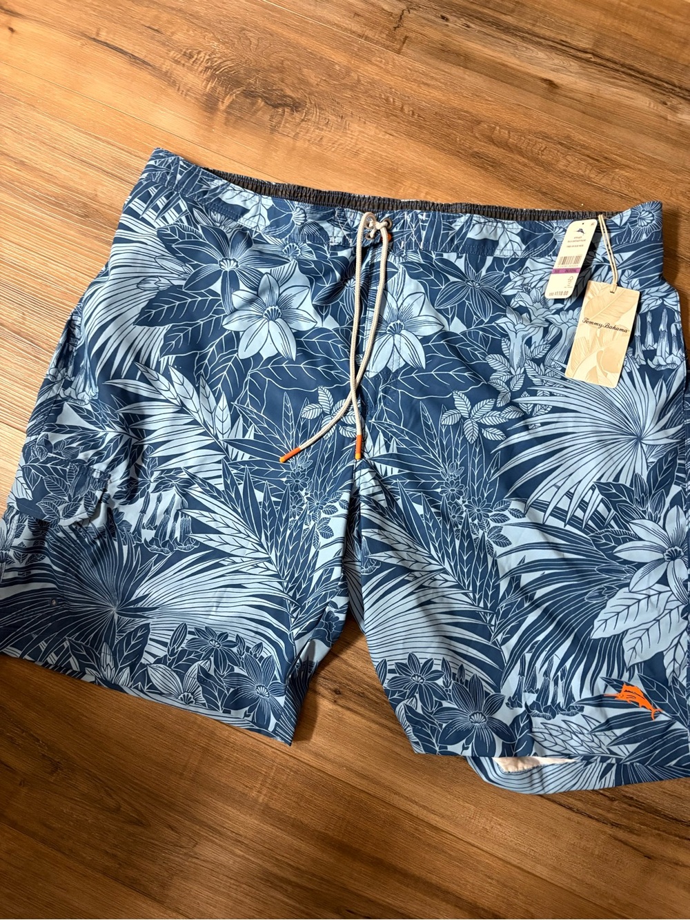NWT Men's Blue Tropical Print Swim Trunks - Drawstring Waist